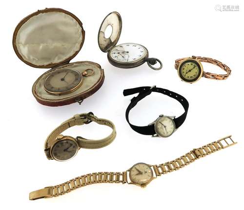 A lady's gold Omega wristwatch, on gold bracelet, a gold open faced pocket watch, case, a silver