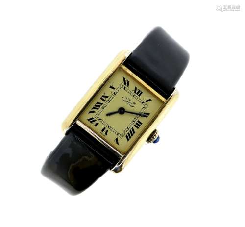 CARTIER - a silver-gilt Must de Cartier Tank wristwatch, signed yellow enamel dial with black