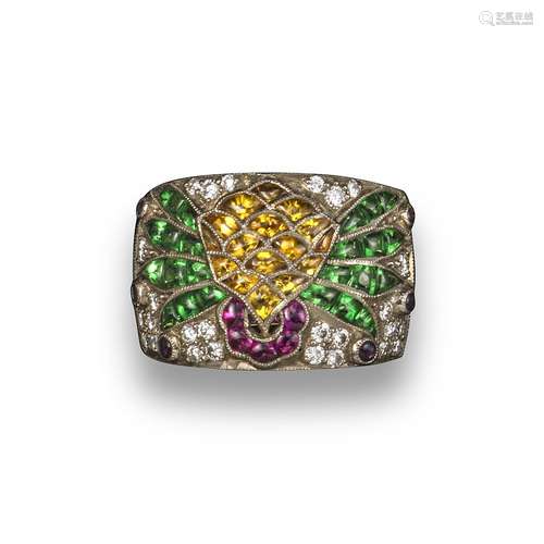 A gem-set half-hoop ring, of abstract design and millegrain-set with amethysts, rubies, citrines,