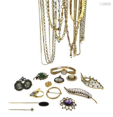 Various items of jewellery, including a gold fancy-link watch chain, 43g, a two-colour gold flat