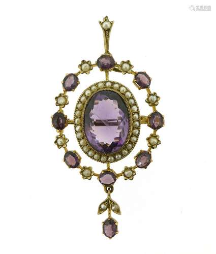 An amethyst and seed pearl brooch pendant, the oval-shaped amethyst is set within seed pearl