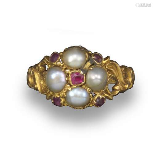 A 19th century pearl and ruby cluster ring, set in scroll pierced yellow gold mount, size N 1/2,