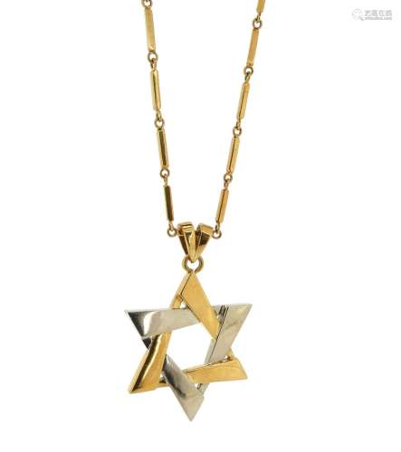 A 18ct yellow and white gold Star of David pendant, with an 18ct gold long bar-link neck chain,