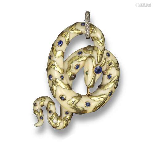 A late 19th century carved ivory snake pendant, backed on realistically engraved gold body and