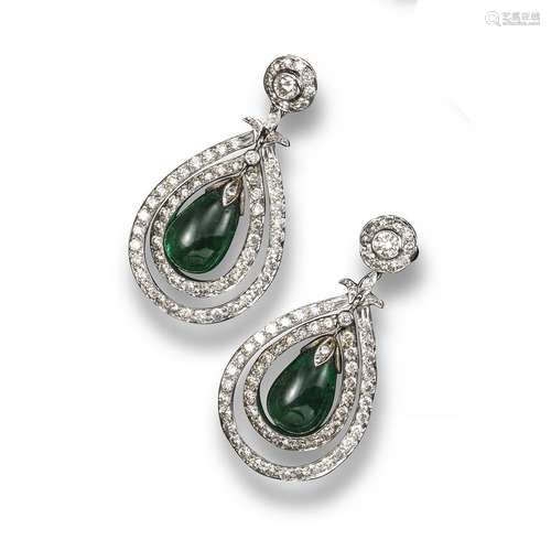 A pair of emerald and diamond drop earrings, centred with a pear-shaped cabochon emerald, suspending