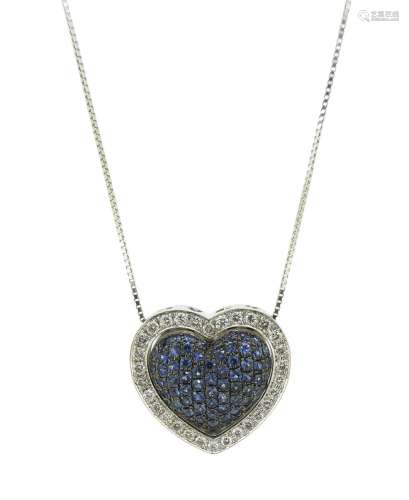 A sapphire and diamond heart pendant, the centre pendant pave-set with sapphires, which fits
