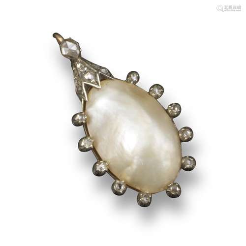 A blister pearl and diamond pendant, the pearl set within diamond surround and diamond-set cap in