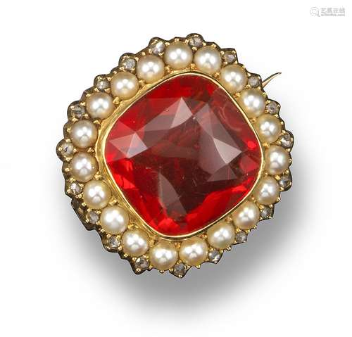 A 19th century fire opal, pearl and diamond brooch, the cushion-shaped fire opal is set within a