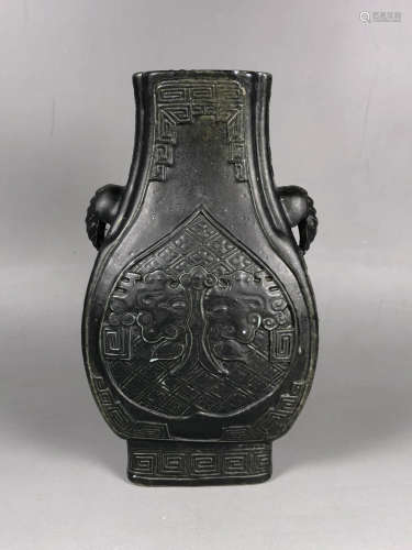 Chinese Dark Green Glazed Square Vase