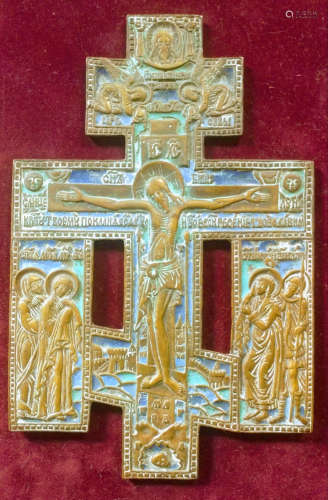 19c Bronze Enamel Russian Orthodox Cross