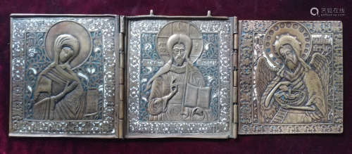 19c Russian Enamel Bronze Tryptic of the Deesis