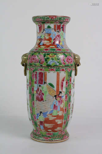 Chinese Rose Medallion Porcelain Vase with Ears