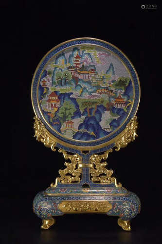 17-19TH CENTURY, A CLOISONNE LANDSCAPE DESIGN TABLE SCREEN ORNAMENT, QING DYNASTY