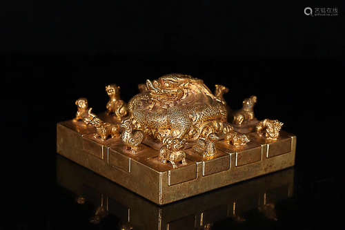 A SET OF BRONZE GILT CHINESE ZODIAC DRAGON DESIGN SEAL, QING DYNASTY