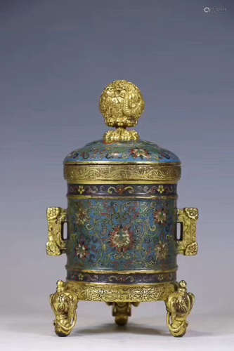 17-19TH CENTURY, A CLOISONNE THREE-FOOR FURNACE, QING DYNASTY