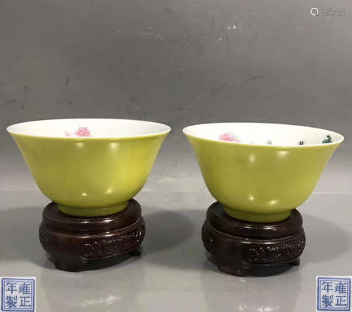 PAIR OUTSTANDING YELLOW GLAZE TEA BOWLS