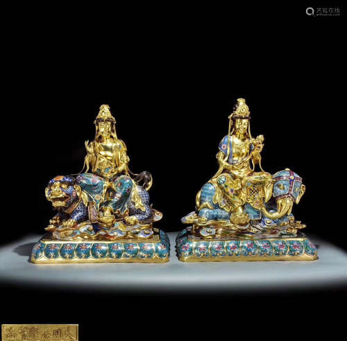 PAIR CLOISONNE ENAMELED BRONZE BUDDHA STATUES