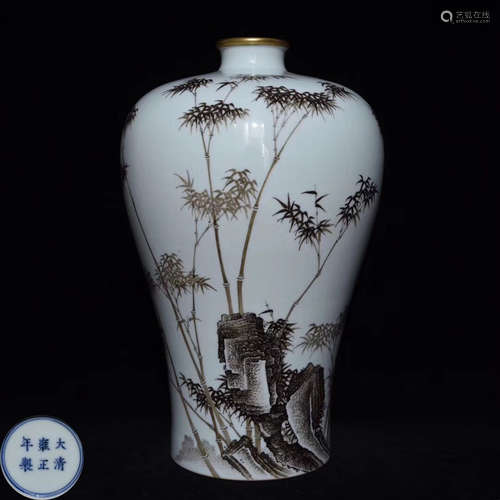 A INK COLOR BAMBOO PATTERN MEI VASE WITH MARK