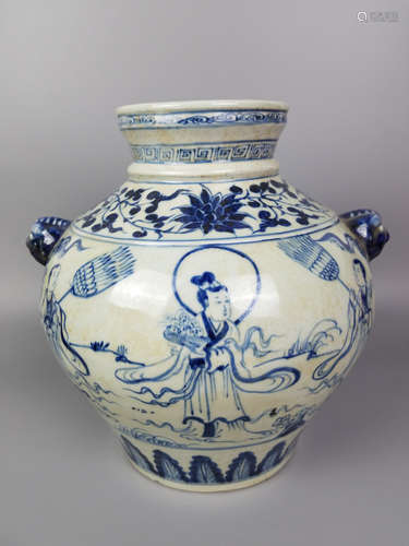 A BLUE AND WHITE FIGUER STORY WITH BEAST EAR JAR