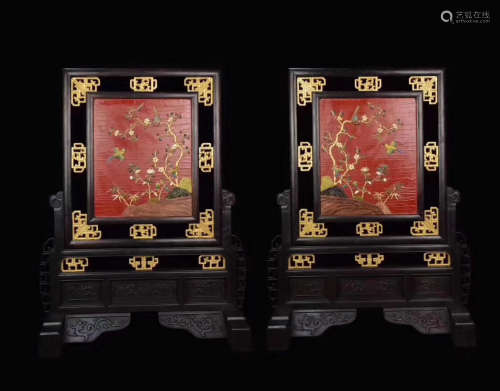 PAIR XUETAN WOOD AND LACQUER DECORATED SCREENS