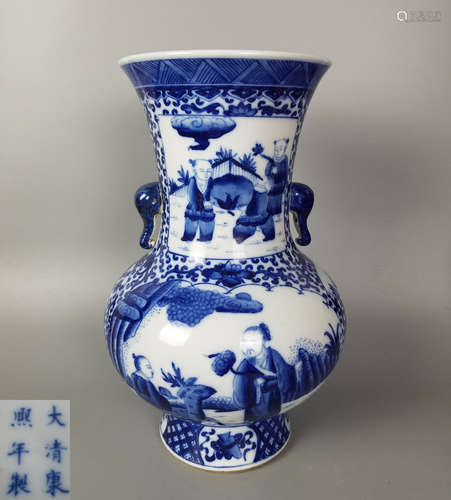 A BLUE AND WHITE FIGURE STORIES VASE