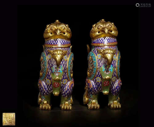 PAIR CLOISONNE ENAMELED BEAST SHAPED CENSERS