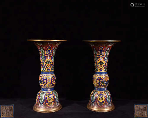 PAIR CLOISONNE ENAMELED GU TYPE VASES