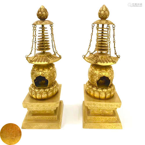 PAIR GILT SILVER BUDDHIST TOWERS