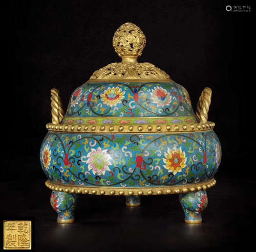 A CLOISONNE ENAMLED TRIPOD CENSER WITH MARK