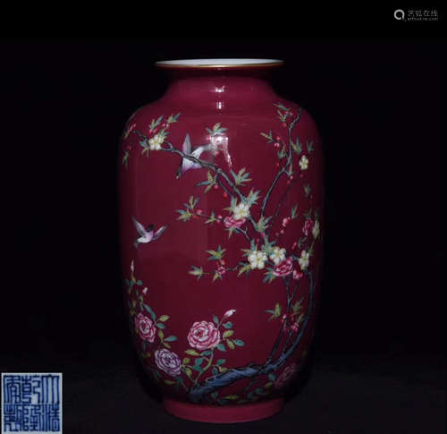 PAIR CARMINE GLAZED LANTERN SHAPED VASES WITH MARK