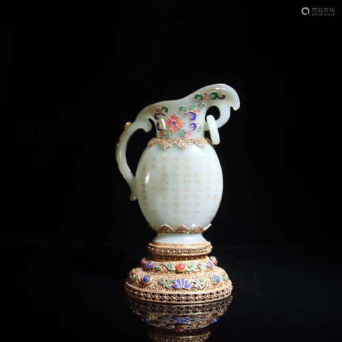 A HETIAN JADE CARVED VASE WITH GILT SILVER BASE