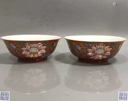 PAIR ENAMELED FLORAL PATTERN BOWLS