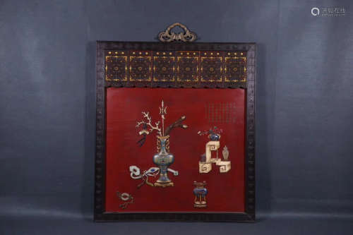 A ZITAN AND LACQUER DECORATED HANGING SCREEN