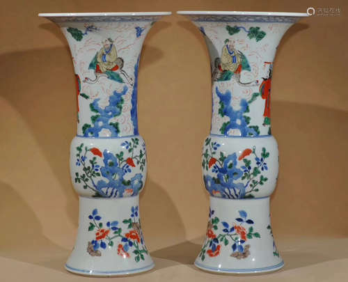 PAIR WUCAI FIGURE PATTERN GU TYPE VASES