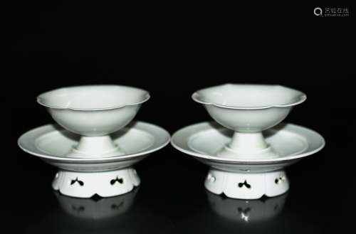 A Pair of Celadon Glazed Cups with Dishes