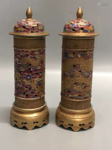 A Pair of Gilt Brown Glazed Censer