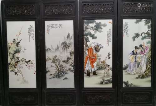 Zhushanbayou,Four Famille Rose Porcelain Plates