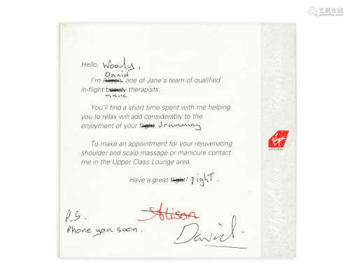 1993, Davie Bowie: An annotated and autographed Virgin Atlantic notecard from David Bowie to Woody Woodmansey,