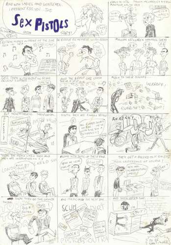 1977, Sex Pistols: Mark Jay's original art, 1st draft, for the cartoon, 'So Far',