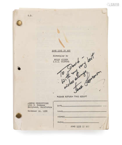 Ashton Productions, 12th November 1958, Some Like It Hot: Jack Lemmon's autographed screenplay script,