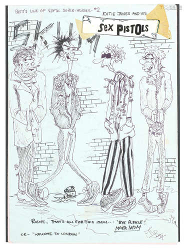 1977, Sex Pistols: Mark Jay's cartoon artwork of the Sex Pistols,