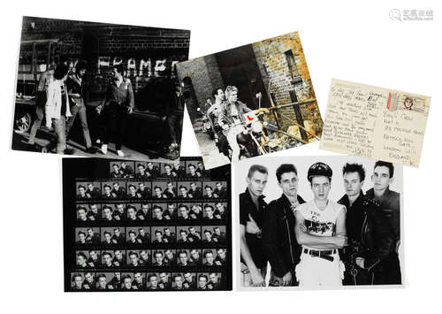 1970s/80s, Qty The Clash: Two Paul Simenon cassettes, a contact sheet and photographs and  Mick Jones postcard,