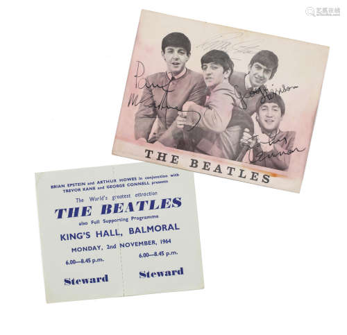 1964, The Beatles: A signed publicity card and concert ticket,