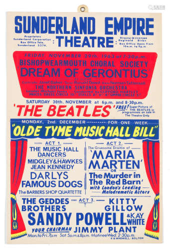 1963, The Beatles: A window card for the Sunderland Empire Theatre,