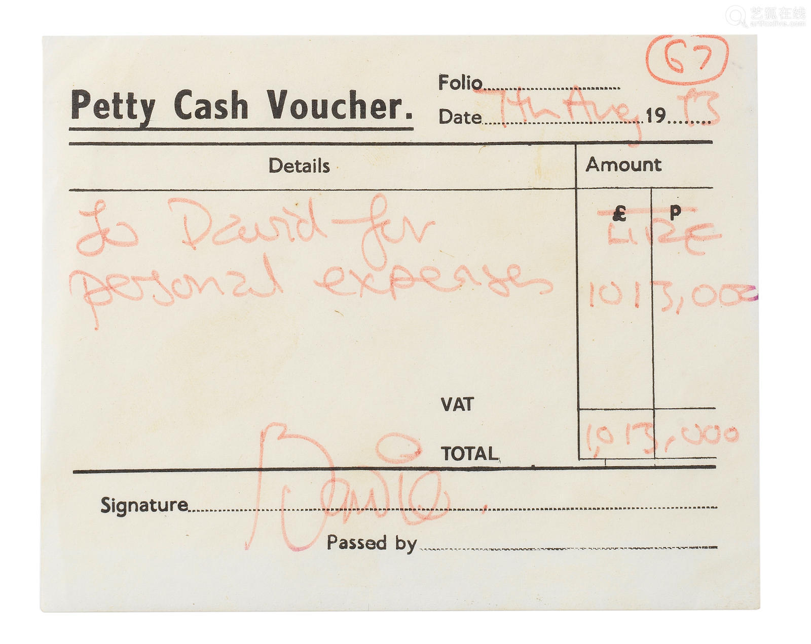 Dated 7th August 1973 David Bowie A Signed Petty Cash Voucher Deal Price Picture