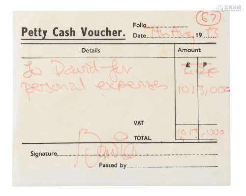 dated 7th August 1973, David Bowie: A signed Petty Cash Voucher,