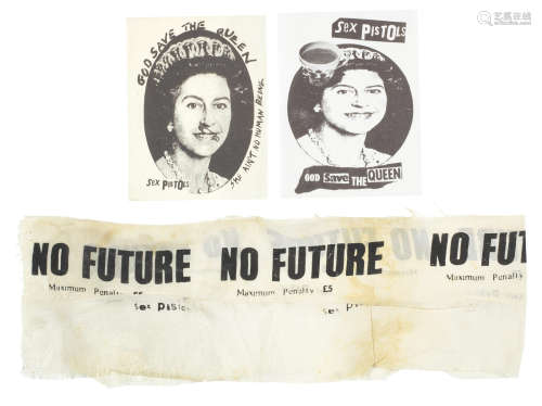 1977, 3 Sex Pistols: 'God Save The Queen' stickers and 'No Future' strip/sash,