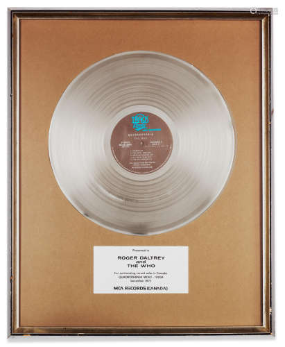 circa 1973, The Who / Roger Daltrey: A 'Platinum' Sales award for the album Quadrophenia,