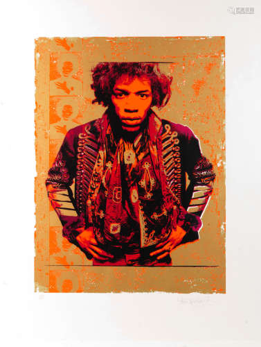 1997, Gered Mankowitz (British, b. 1946): Purple & Gold portrait print of Jimi Hendrix,