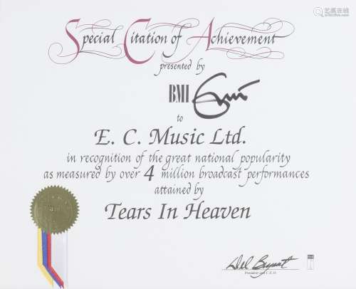 Eric Clapton: A Special Citation of Achievement certificate presented by the BMI to Eric Clapton,